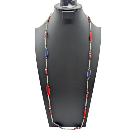 Vintage Red White Blue Multi Shape Long Acrylic Beaded Necklace - Picture 6 of 6